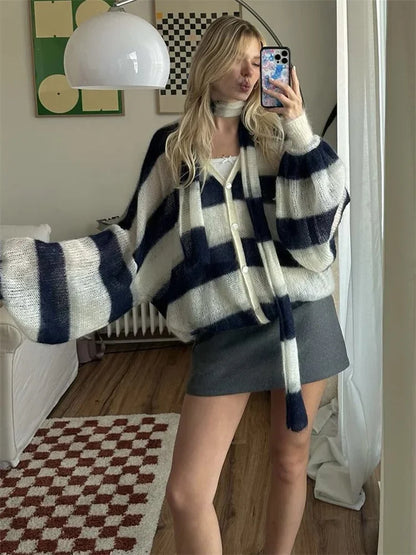 maoxiangshop  -  V-Neck Scarf Sweater Cardigan Female Contrast Casual Patchwork Autumn Hollow Out Outwear Women's Knitwear Coat Cardigan