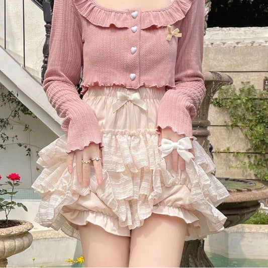 maoxiangshop Kawaii Ruffle Skirt Women Coquette Cute Lolita High Waist A-line Bow Lace Fairycore Mesh Mini Skirt Summer Mori Girl