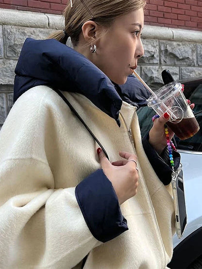 maoxiangshop  -  Zipper Panelled Women's Jackets With Hoodies Casual Drawstring Long Sleeved Jacket Female Autumn Winter Short Loose Outwear Tops