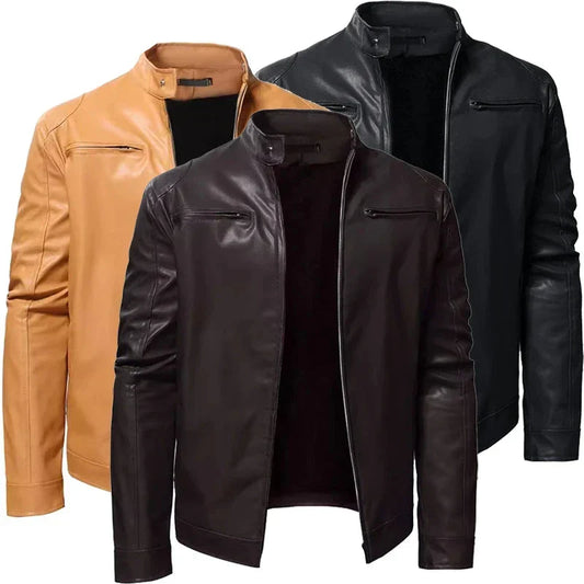 maoxiangshop Autumn Mens Stand Collar Jacket Coat Black Leather Motorcycle Jacket Solid Color Zipper Streetwear Winter Warm Biker Jacket Men