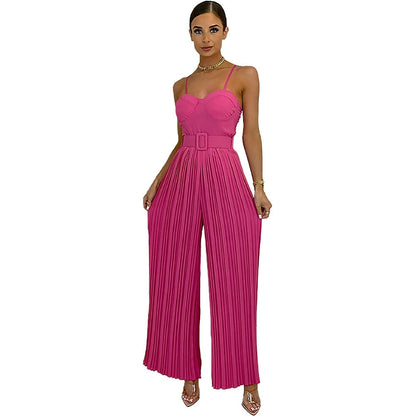 maoxiangshop Summer Casual Suspenders Long Jumpsuit Women Sexy Fashion Solid Sleeveless Sashes Pleated Wide Leg Jumpsuit Orange Female