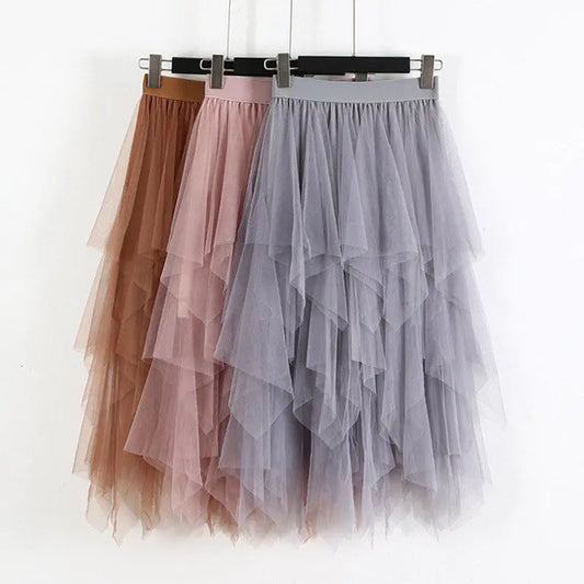 maoxiangshop Women High Waist Ruffles Mesh Long Tulle Skirt Irregular Hem Mesh Tutu Skirt Lady Elegant Solid Party Gown Skirt