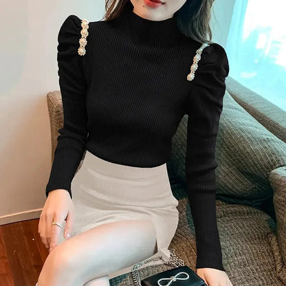 maoxiangshop Pearls Puffe Sleeve Knit Sweater Women Autumn Winter Pleated Slim Fit Knitwear Woman Half High Neck Pullovers Female