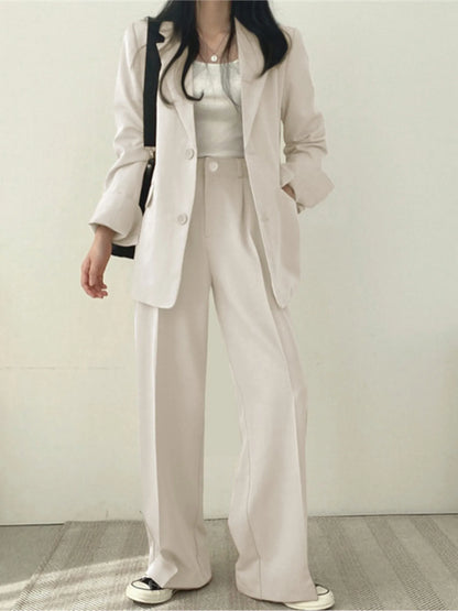 Korean Office Lady Fashion Blazer Suit Women's Two-Piece Set Casual Button Jacket Wide Leg Pants Outfits Work Clothes Autumn New
