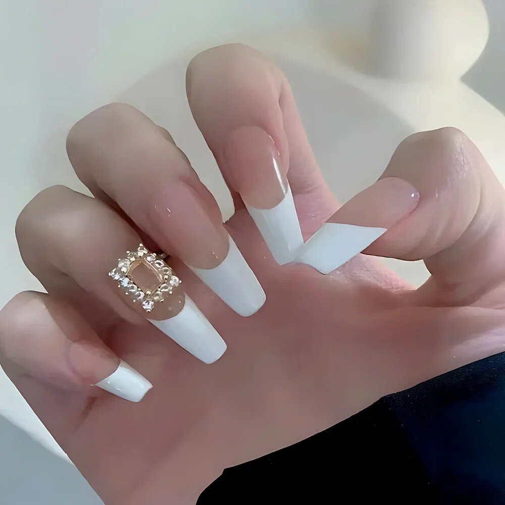 24Pcs Extra Long White French False Nails with Rhinestone Detachable Ballet Square Fake Nails Wearable Press on Nails Manicure