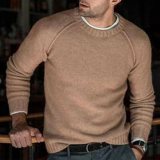 maoxiangshop Vintage O Neck Long Sleeve Knit Sweater Mens Autumn Daily Casual Simple Solid Color Knitted Tops Men Fashion Knitting Pullovers