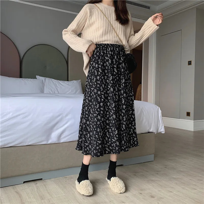 maoxiangshop Vintage Floral Print A-line Pleated Long Skirts Summer Women Korean Skirt Streetwear Drawstring Elastic Waist Midi Skirt