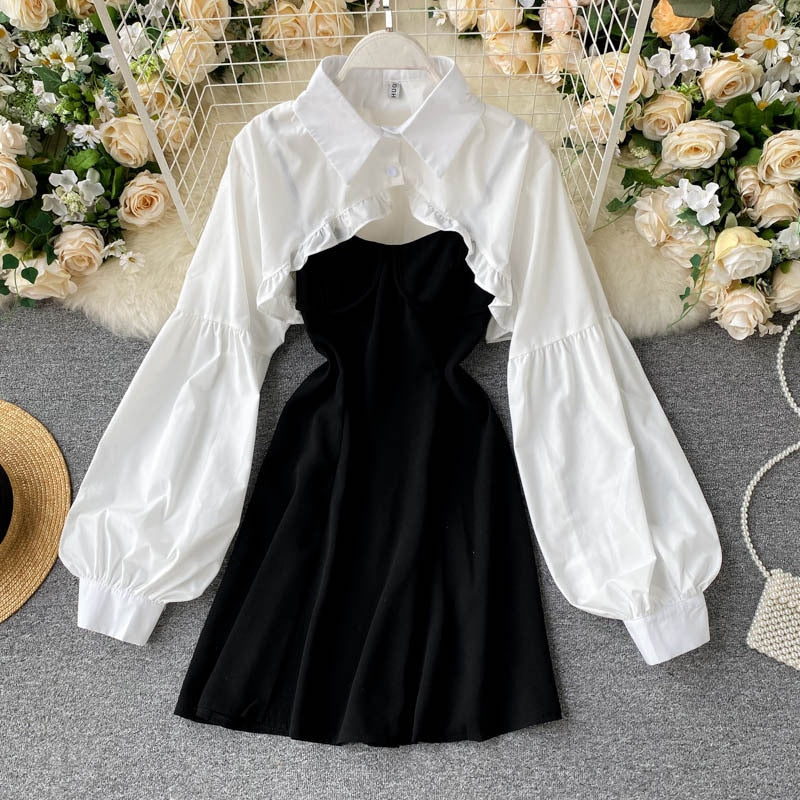 Vintage Gothic Black Lolita Dress Women Japanese Sweet Ruffled Puff Long Sleeve Blouses Crop Tops+Spaghetti Strap Party Vestidos