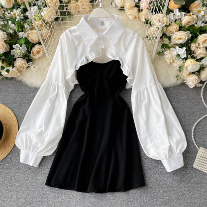 Vintage Gothic Black Lolita Dress Women Japanese Sweet Ruffled Puff Long Sleeve Blouses Crop Tops+Spaghetti Strap Party Vestidos