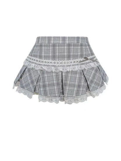 maoxiangshop  -  Autumn Winter Chic Solid 2-piece Set Women Korean Fashion Long Sleeve Slim Square Neck Tops + Elastic Waist Plaid Skirt Suit New