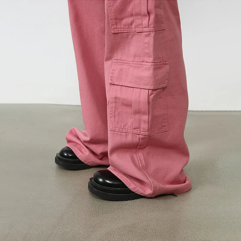 maoxiangshop Pink Cargo Jeans Pants Men Oversize Wide Leg Denim Trousers Male Loose Casual Japanese Streetwear Hip Hop Pocket
