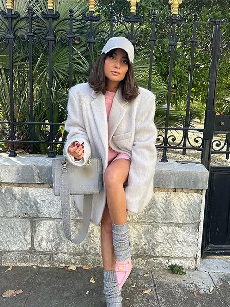 maoxiangshop -  Fashion Women Oversize Lapel Blazer Overcoat Long Sleeve Thick Woolen Coat Solid Loose Autumn Elegant Female Warm Outerwear