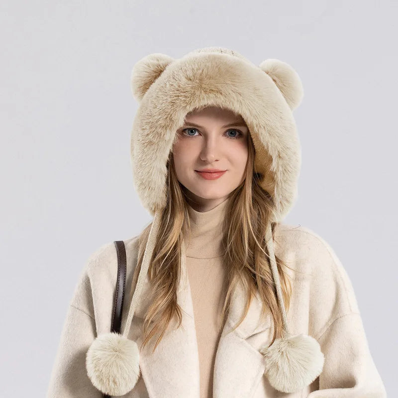 maoxiangshop  -  Winter Pompoms Hat for Women Plush Lining Thickened Warm Knit Beanies Bonnet Outdoor Windproof Ear Protection Skiing Woolen Caps