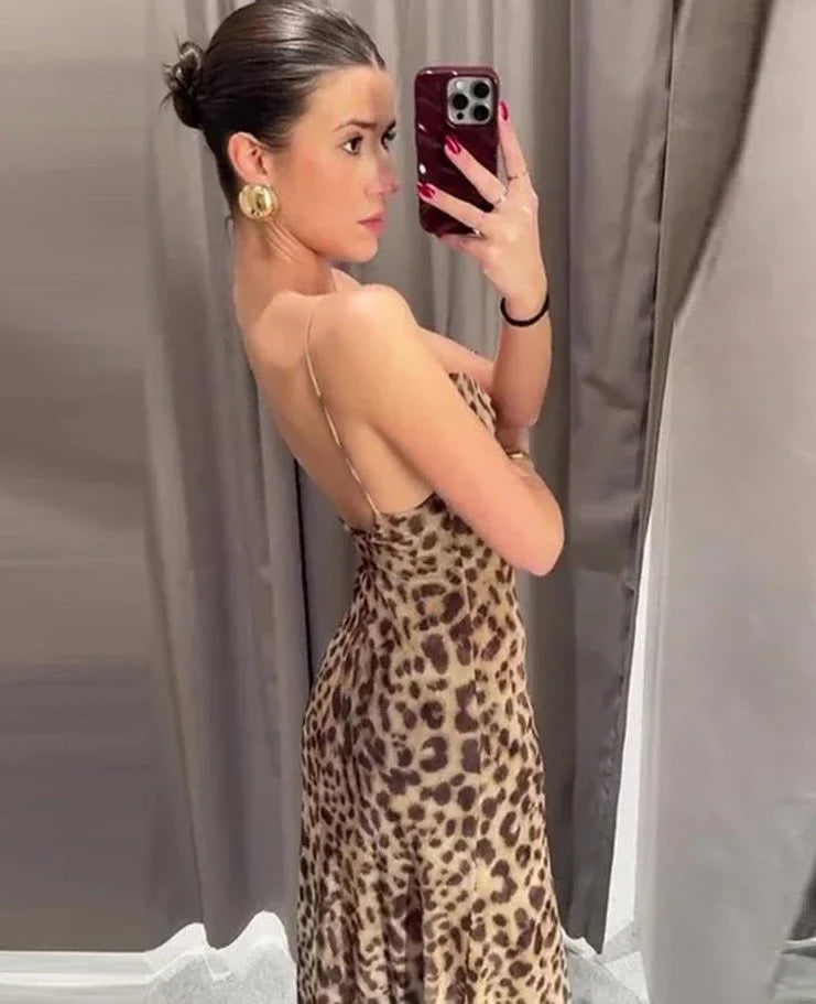 Sexy Leopard Print Gauze Sling Dress Women Sleeveless Backless Hip Package Party Dresses Female Summer Fashion Evening Robe