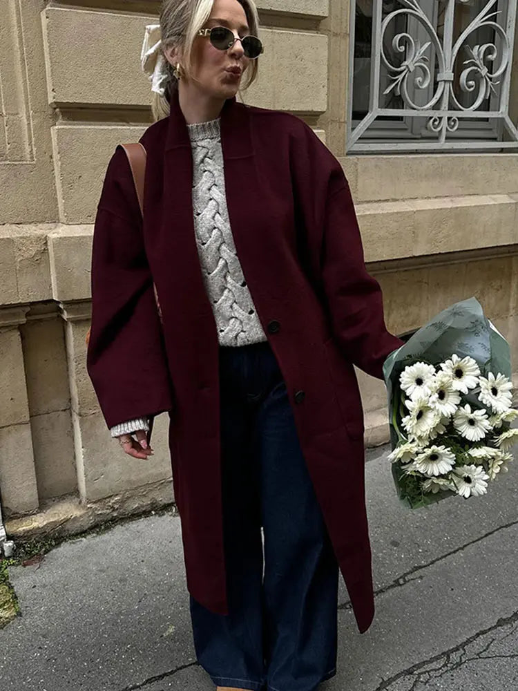 maoxiangshop -  Loose Red Wool Long Trench Overcoat Women Winter Long Sleeve Thick Warm Coat Female Fashion Office Lady Cardigan Outwear