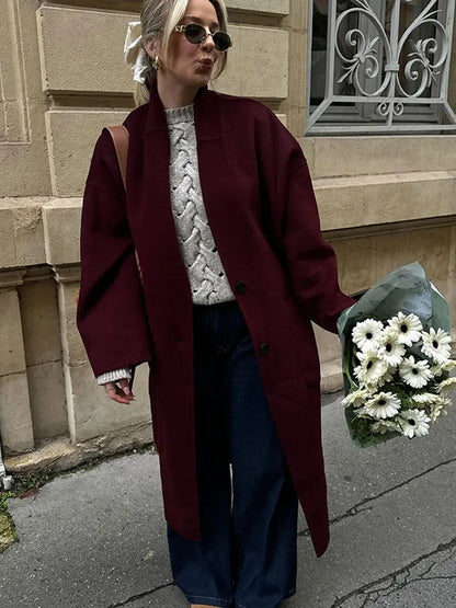 maoxiangshop -  Loose Red Wool Long Trench Overcoat Women Winter Long Sleeve Thick Warm Coat Female Fashion Office Lady Cardigan Outwear