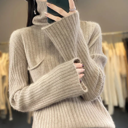 maoxiangshop Pure Mink Cashmere Sweater Women,High Pile Neck Knit Jumper,Wide Strip Large Size Long Sleeves,Autumn,Hot Sale