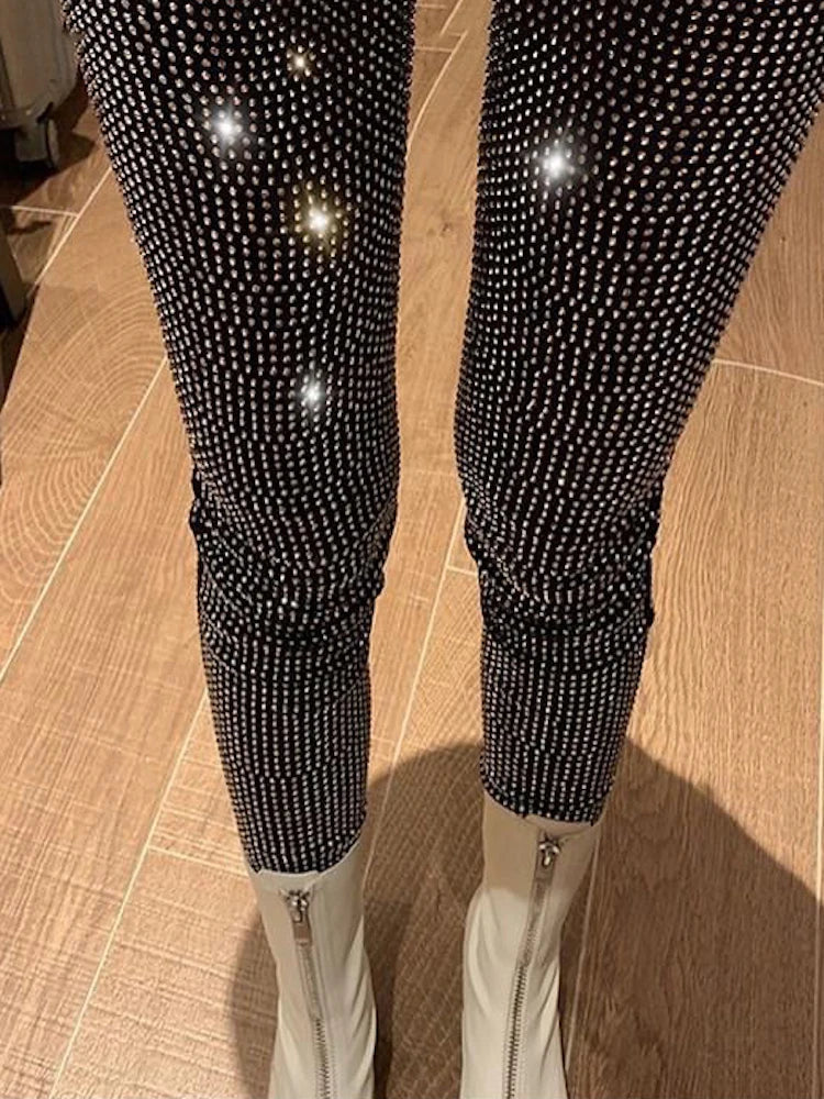 maoxiangshop  -  Sparkly Crystal Pants Women Leggings Autumn Winter High Waist Elastic Bodycon Long Penci Pant Streetwear Y2K Pants Tights