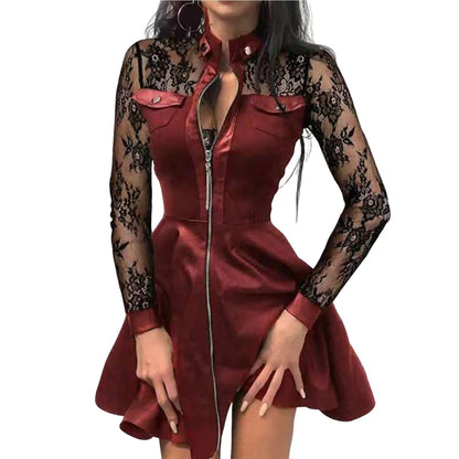 maoxiangshop Women Long Sleeve Zipper Pocket Large Hem Faux Leather Lace Mini Dress Women's Clothing Elegant Fashion Party Dress vestidos 5XL