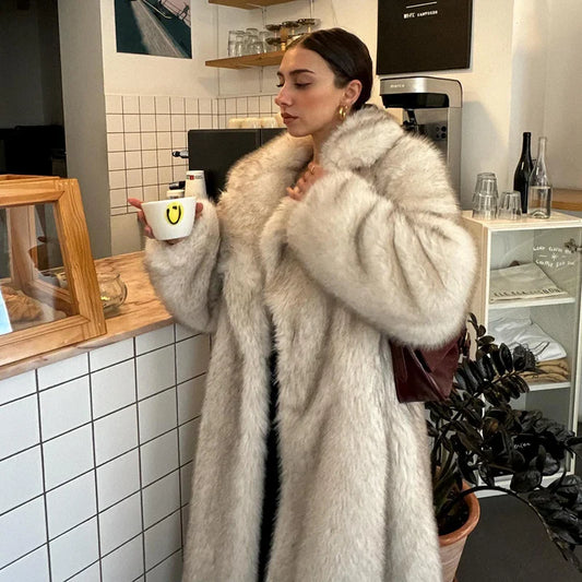 maoxiangshop  -  Slouchy Chic Gradient Long Eco Faux Fur Coat Women Winter Thick Warm Fluffy Fox Fur Jacket Brand Fashion Girls Overcoat