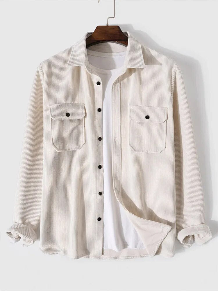 maoxiangshop Corduroy Shirts for Men Solid Long Sleeve Plain Button Blouses Unisex Streetwear Safari Style Tops y2k Shirt Z4855473