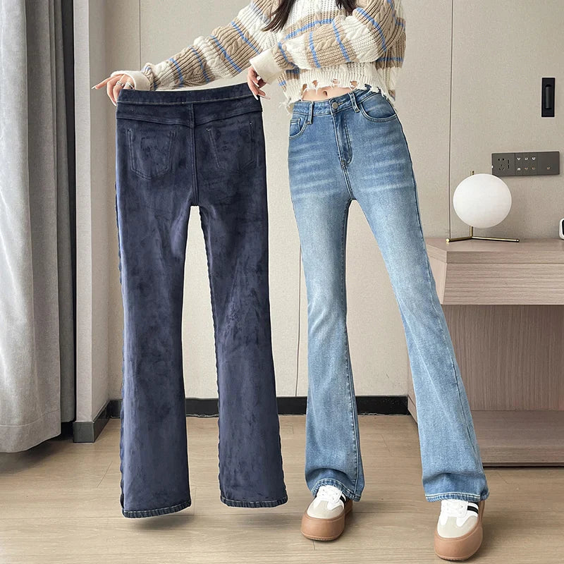 maoxiangshop Fashion New Women Warm Plush Flared Jeans Thermal Fleece Loose Denim Pants Female High Waist Urban Straight Flare Trouser