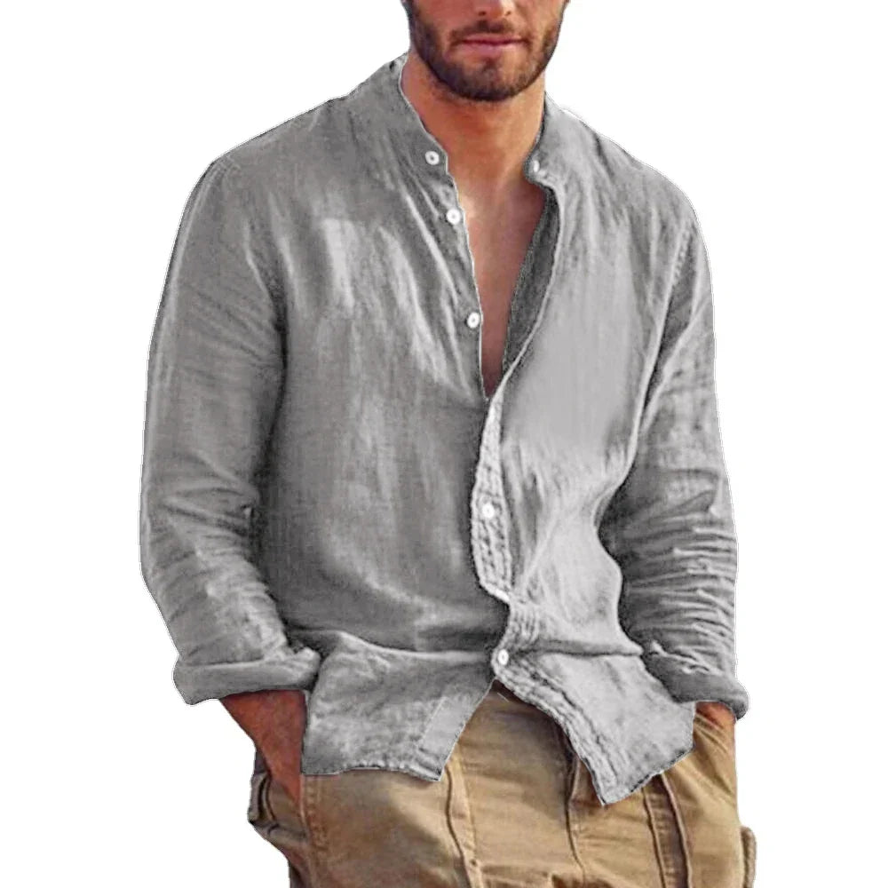 maoxiangshop New Men's Solid Color Long Sleeve Shirt Linen Cotton Shirts Trend Plus-size Stand Collar Casual Lightweight Beach Tops