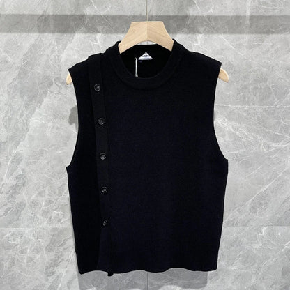 maoxiangshop Men's Luxury Knitted Pullover Sweater Vest Casual Streetwear Button Solid Color O Neck Sleeveless Loose Stylish Vintage Knitwear