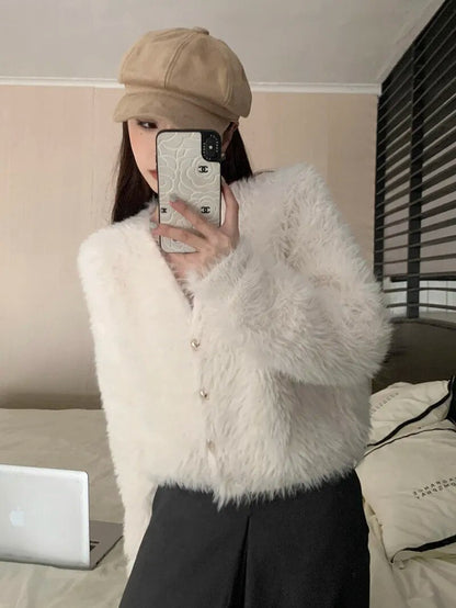 maoxiangshop Fluffy Mohair Cardigan V-Neck Gold Button Up Sweater for Women Autumn Winter