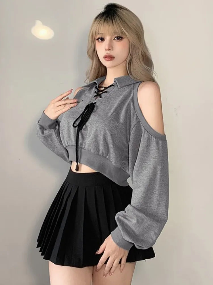 Deeptown Y2K Vintage Gray Cropped Hoodies Women Harajuku Sexy Off Shoulder Sweatshirts Korean Loose Casual Chic Tops Gothic Kpop