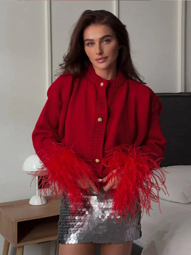 maoxiangshop  -  Women Luxury Velvet Patchwork Long Sleeve Red Sweater Elegant O Neck Single Breasted Crop Cardigan Autumn Lady Warm Knitwear