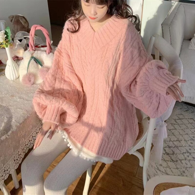 Autumn and Winter Pullover Loose-Fitting Outerwear Top Thickened Cable-Knit Sweater Female 2023 New V-neck Loose Sweater Women