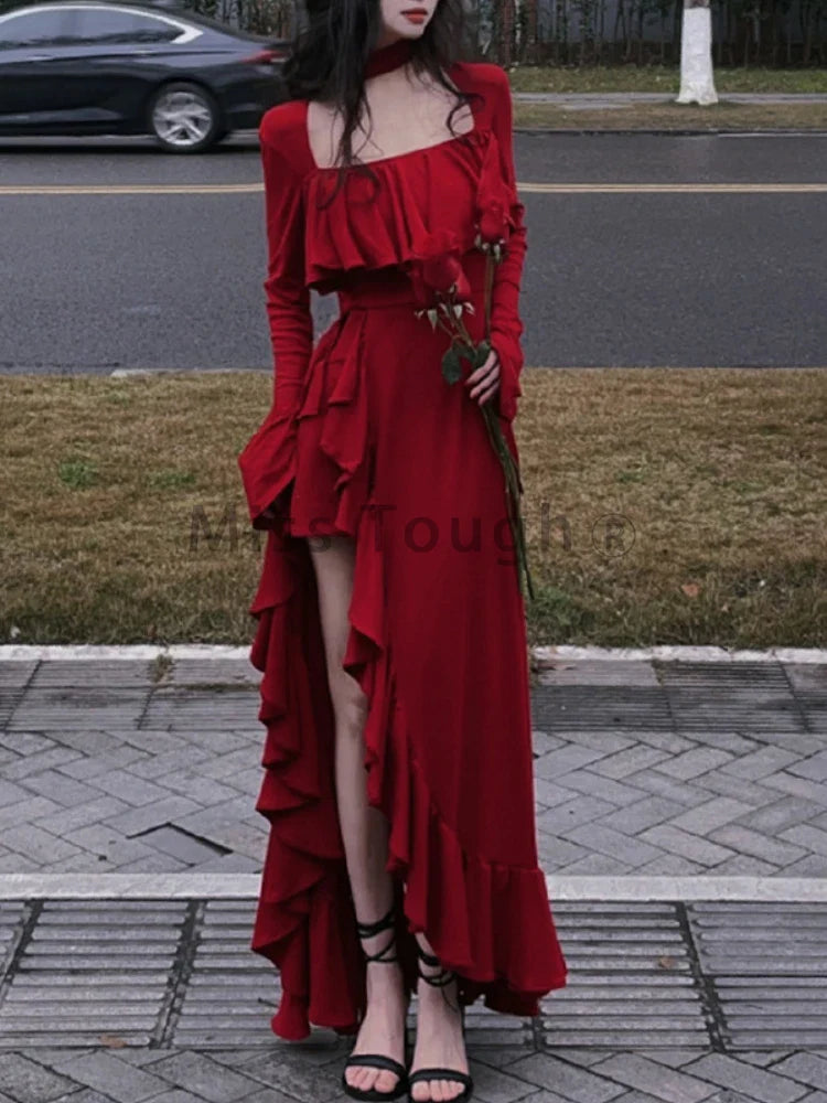 maoxiangshop Autumn Red Vintage Elegant Dress Women Flare Sleeve Designer Sweet Long Dress Female Ruffles Retro Princess Irregular Dress