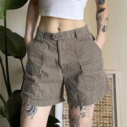 Y2k Vintage Streetwear Cargo Denim Shorts Women American Retro Harajuku Solid Loose Jeans Casual Pocket Summer Chic