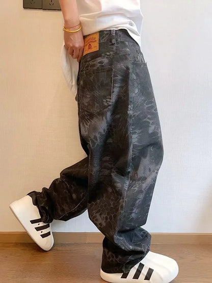 maoxiangshop Snake Animal Print Camouflage Pants for Men Wide Leg Jeans Demin Trousers Male Streetwear  Hip Hop Vintage Casual