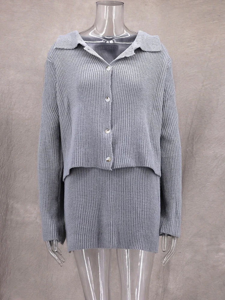 maoxiangshop  -  Women's Knitted Suit Lapel Flare Sleeve Cardigan Skirt Autumn Winter New Fashion Solid Slim Female Sweater Two Piece Sets