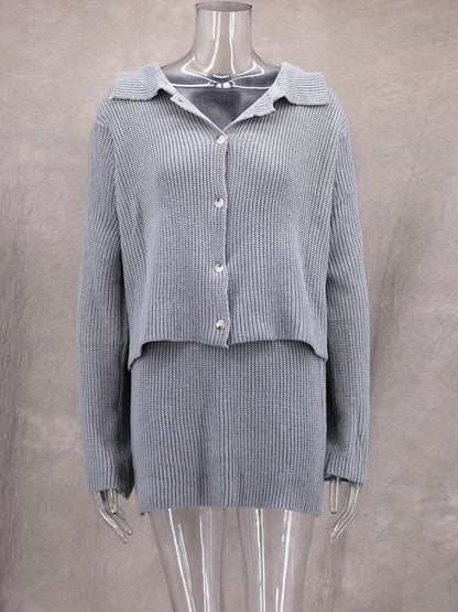 maoxiangshop  -  Women's Knitted Suit Lapel Flare Sleeve Cardigan Skirt Autumn Winter New Fashion Solid Slim Female Sweater Two Piece Sets