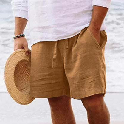 maoxiangshop Men's summer cotton and linen shorts with drawstring elastic waist, straight legs, solid color, breathable daily beach capris