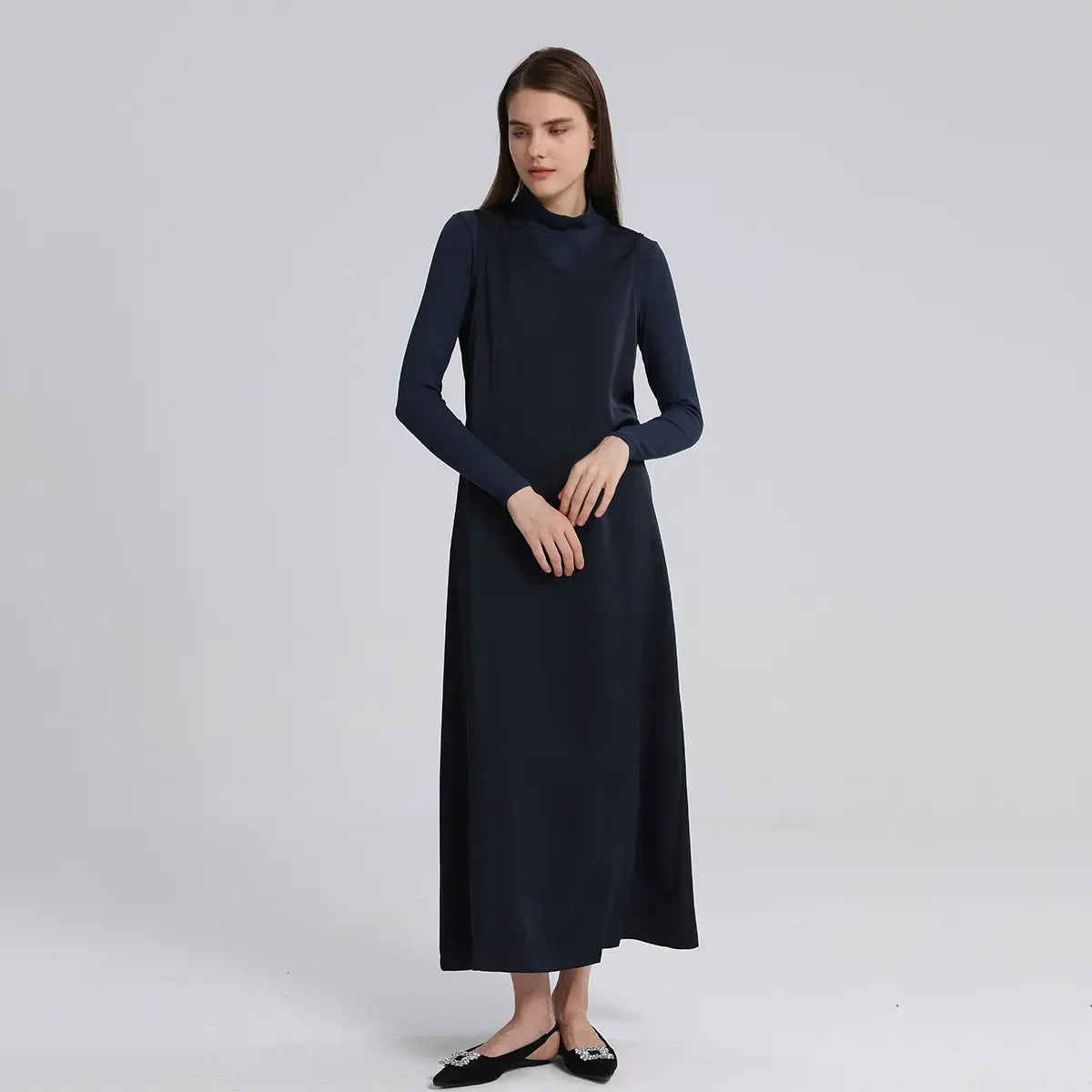 AP V Neck Satin Maxi Dress Rib Modal Mock Neck Top 2024 Fall High Quality Women Dress Three Colors, #2001