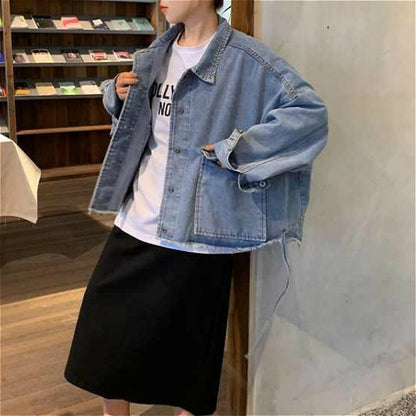 maoxiangshop Basic Jackets Women Spring Chic Denim Harajuku Baggy Youth Female Short Outwear Korean Tassel All-match Preppy Girl Streetwear