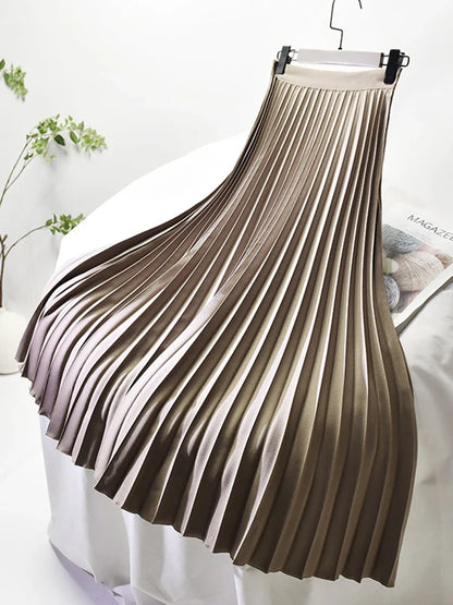 maoxiangshop Brand Designer Women Spring Autumn Elegant Chic Solid Pleated Skirt High Waist Luxury Fashion With Elastic Female