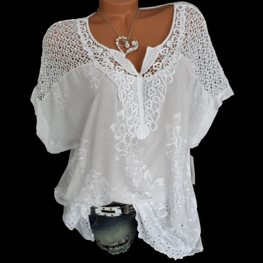 maoxiangshop Summer Short Sleeve Womens Blouses And Tops Loose White Lace Patchwork Shirt 5xl 6xl Women Tops shirts Casual Clothes