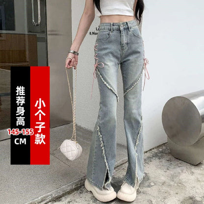 maoxiangshop American Split Jeans Women Pink Bandage High Waist Irregular Spliced Denim Pants Zipper Fly Trousers Y2k Pantalon Femme