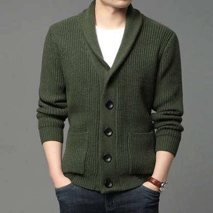 maoxiangshop High Quality Autumn Winter Cardigan Men Thick Knitted Solid Sweater Jakcet Fashion Turn Down Collar Single Breasted Cardigan Men