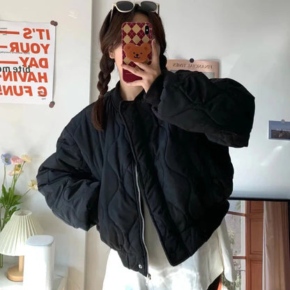 maoxiangshop  -  Short Parkas Women Streetwear Solid Cropped Down Coats Korean Fashion Puffer Jacket Winter Casual Zipper Cotton Padded Outwears