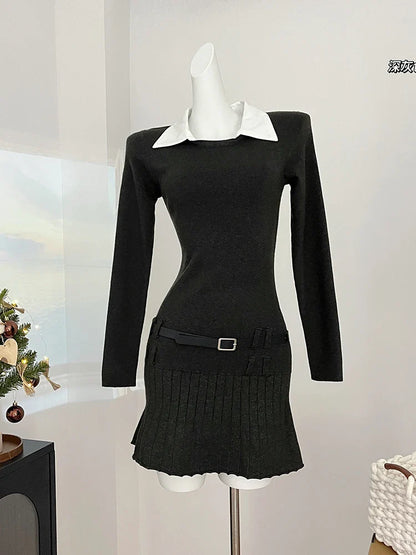 Women Korean Preppy Style Mini Black Shirt Dress Fake Two Pieces Long Sleeve One-Piece With Belt 2000s Aesthetic Party Y2k Tide