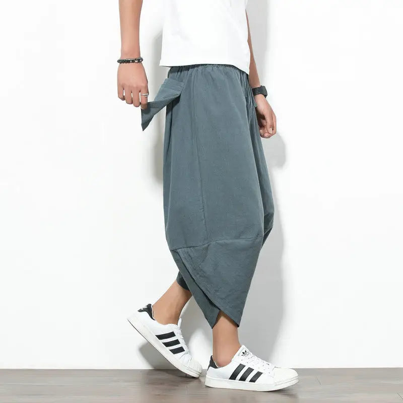 maoxiangshop 5XL Baggy Cotton Harem Pants Men Summer Print Japanese Vintage Solid Men Women Hip Hop Plus Size Wide Leg Pants Pantalon