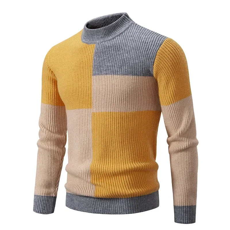 maoxiangshop Men's Autumn Winter New Mock Neck Pullovers Fashion Patchwork Knitted Warm Sweater Man Slim Fit Casual Knitwear Sweaters Tops