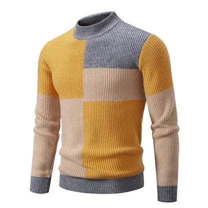maoxiangshop Men's Autumn Winter New Mock Neck Pullovers Fashion Patchwork Knitted Warm Sweater Man Slim Fit Casual Knitwear Sweaters Tops