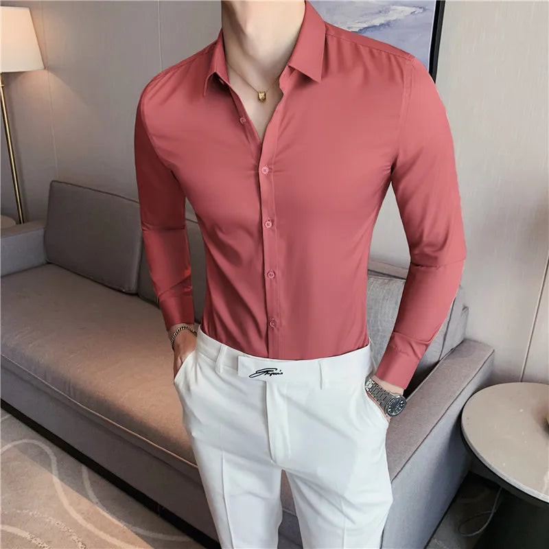 maoxiangshop Mens Shirts Autumn New Long Sleeve Stripe Dress Shirt Solid Casual Formal Wear Slim Fit Chemise Homme Camisas Men Clothing